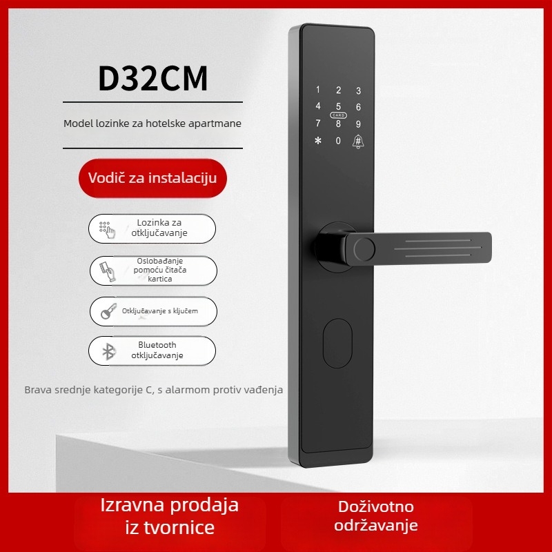 Pametna brava za vrata za apartmane i hoteli s udaljenim otključavanjem putem mobilne aplikacije, model D32, pohrana otisaka 100, više od 100000 otključavanja, čelično kućište, radna temperatura -25 do 60°C