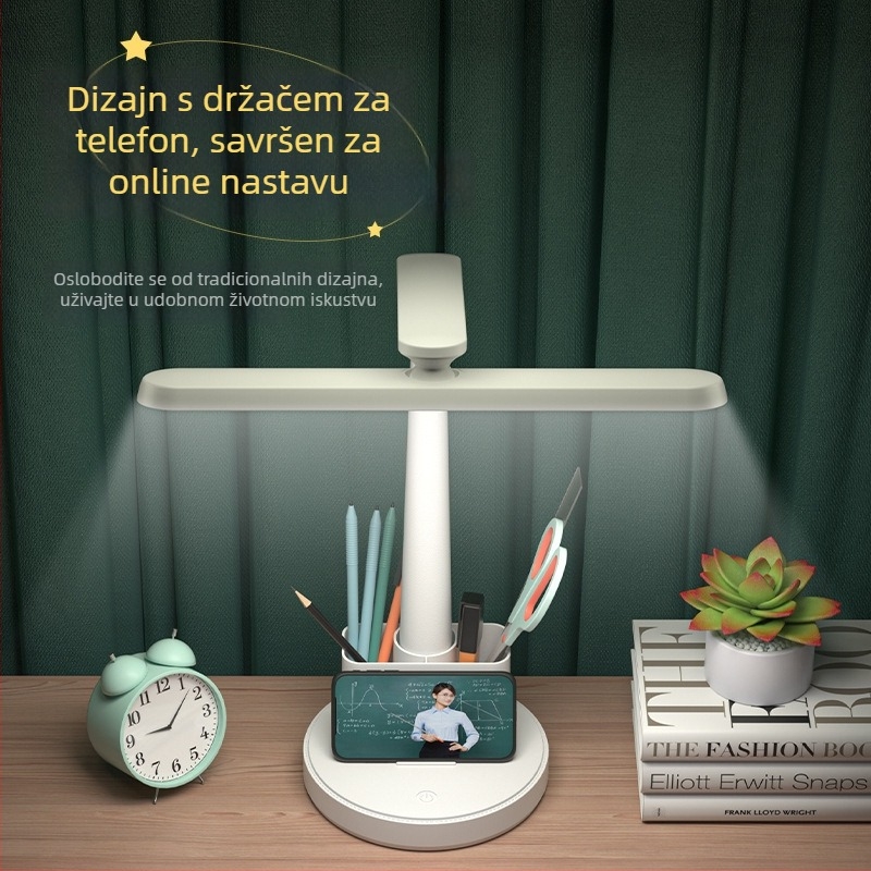 LED stolna lampa za učenje uz zaštitu očiju – dodirni prekidač, plastično sjenilo, CRI ≥90, ≤36V, ugrađena litijska baterija, moderni minimalistički stil, za studentski dom