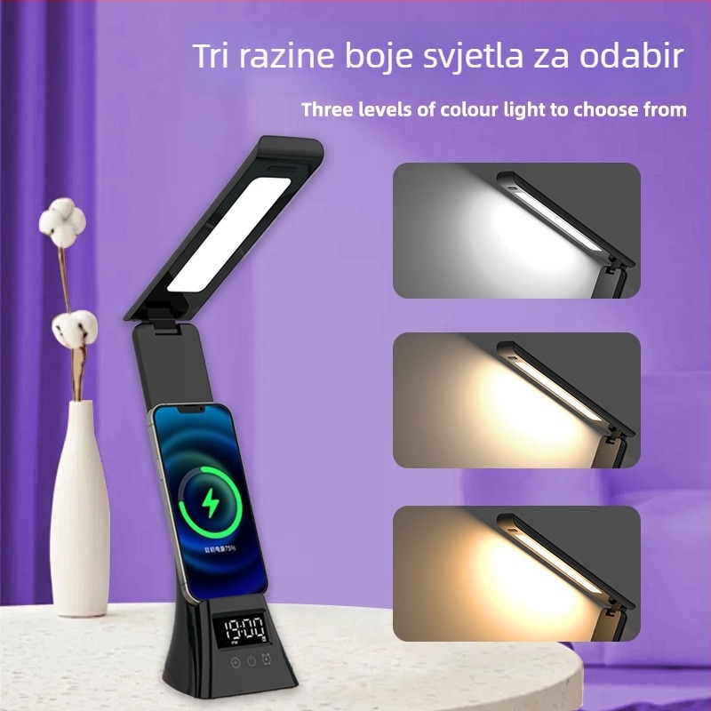 Sklopiva stolna lampa s bežičnim punjenjem, USB napajanje 5W, dodirni prekidač, lampica za učenje i čitanje s zaštitom očiju