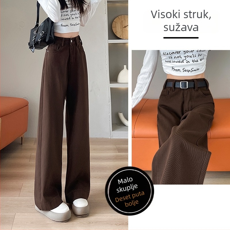 Traperice visokog struka, ravnog kroja od denima s velurom podstavom, jesensko-zimska 2025 kolekcija, umjetnički retro stil