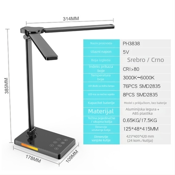 Stolna lampa s bežičnim punjenjem, dvostruka LED glava, USB napajanje, dodirni prekidač, 12W