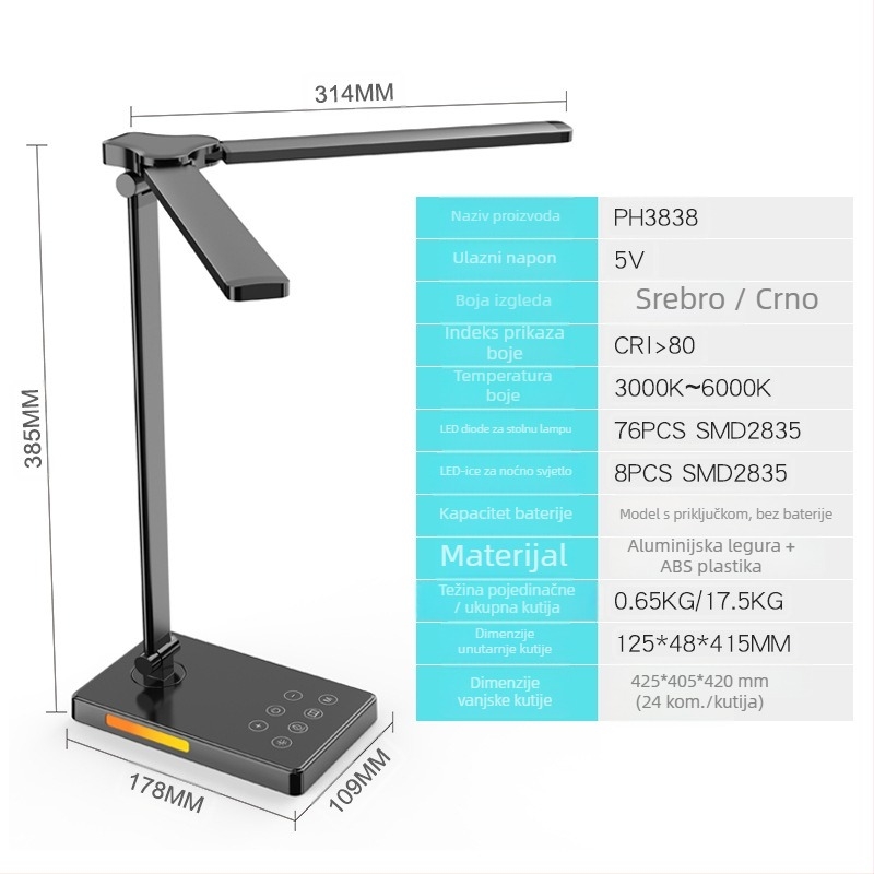Stolna lampa s bežičnim punjenjem, dvostruka LED glava, USB napajanje, dodirni prekidač, 12W