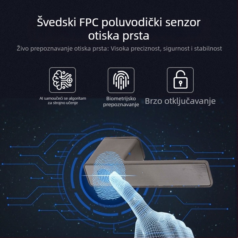 Pametna brava za unutarnja vrata s otiskom prsta i lozinkom, model N10; pohranjuje 100 otisaka prstiju; više od 100000 otključavanja; vrijeme skeniranja ispod 0.1 s; lažno prihvaćanje <0.00004; radna temperatura -20°C do 80°C.