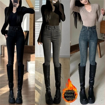 Ženske džins hlače s visokim strukom, fleece podstava za zimu, debeo denim, uski kroj