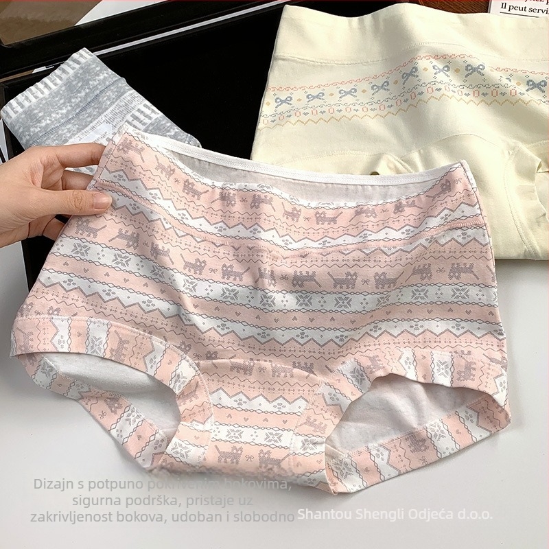 Ženske gaćice od pamuka antibakterijske s potpunim pokrivanjem, srednji pojas, Bowknot color-block uzorak, proširena podstava prepona