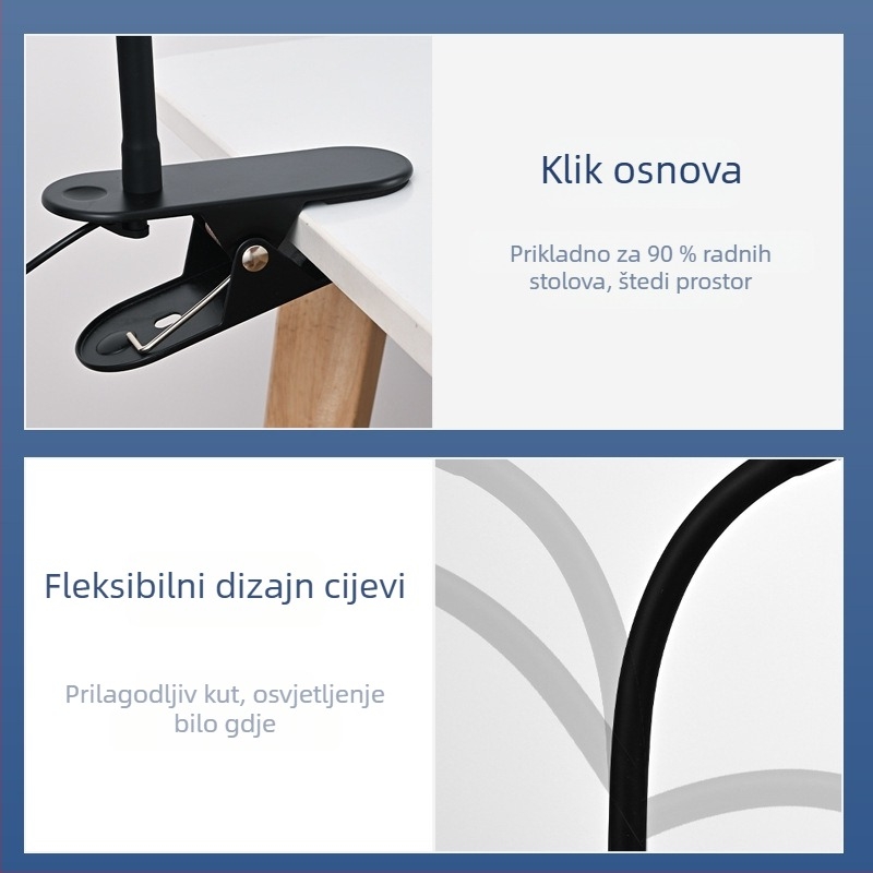 LED stolna svjetiljka s klipom – USB napajanje, zaštita očiju, klipsa za montažu, CRI ≥90, napon ≤36V