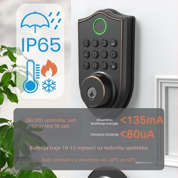 Pametna brava za kuću s otiscima prsta i lozinkom – pohranjeno 50 otisaka, otključavanje <0,3 s, FAR <3/100000, FRR <1/10000, radna temperatura -20 do 60°C