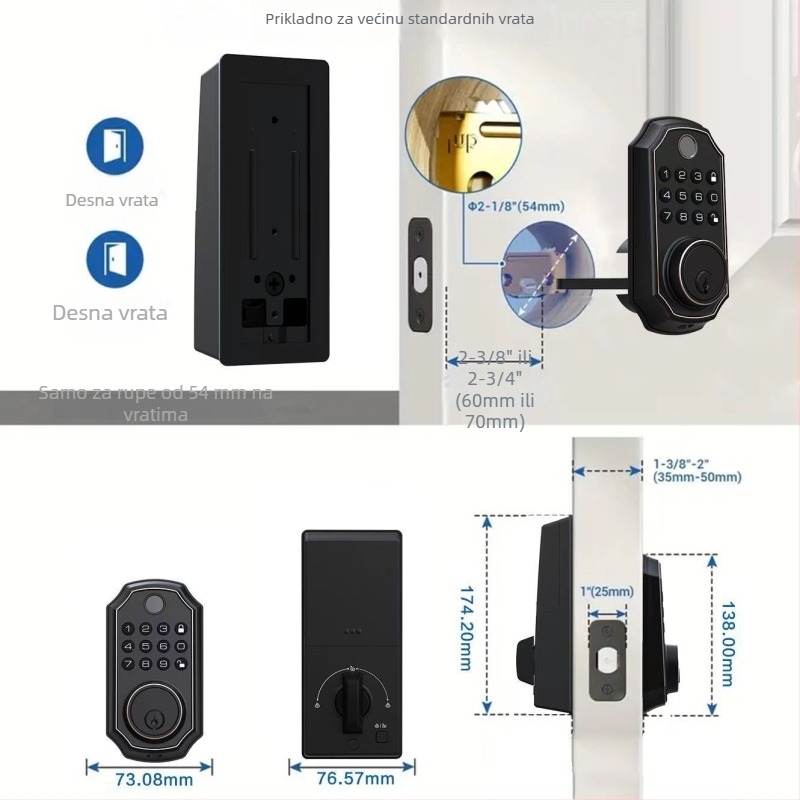 Pametna brava za kuću s otiscima prsta i lozinkom – pohranjeno 50 otisaka, otključavanje <0,3 s, FAR <3/100000, FRR <1/10000, radna temperatura -20 do 60°C