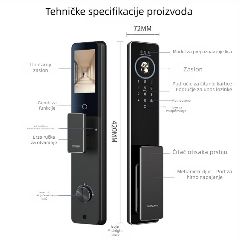 Pametna brava s vidljivim zaslonom, dlanova vena i otisak prsta, WiFi daljinsko otključavanje, digitalni kod, pohrana 30 otisaka prsta