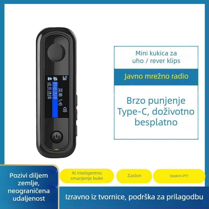 Walkie-Talkie s držačem za uho, 5G/4G/3G/2G, domet >50 km, RF izlaz 0,5–3 W, 50 kanala, Li-ion baterija 1050 mAh