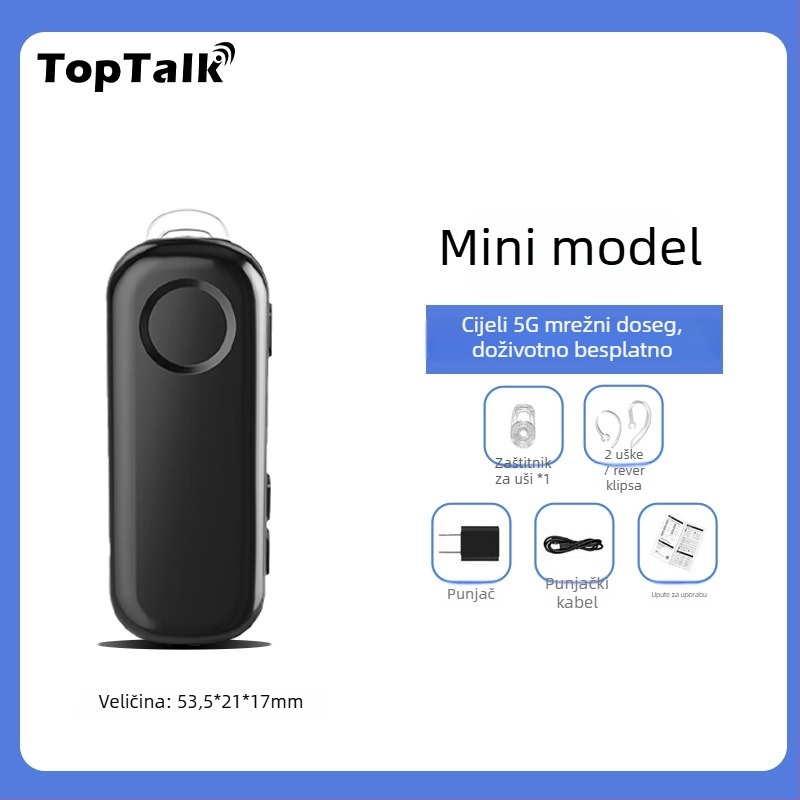 Walkie-Talkie s držačem za uho, 5G/4G/3G/2G, domet >50 km, RF izlaz 0,5–3 W, 50 kanala, Li-ion baterija 1050 mAh