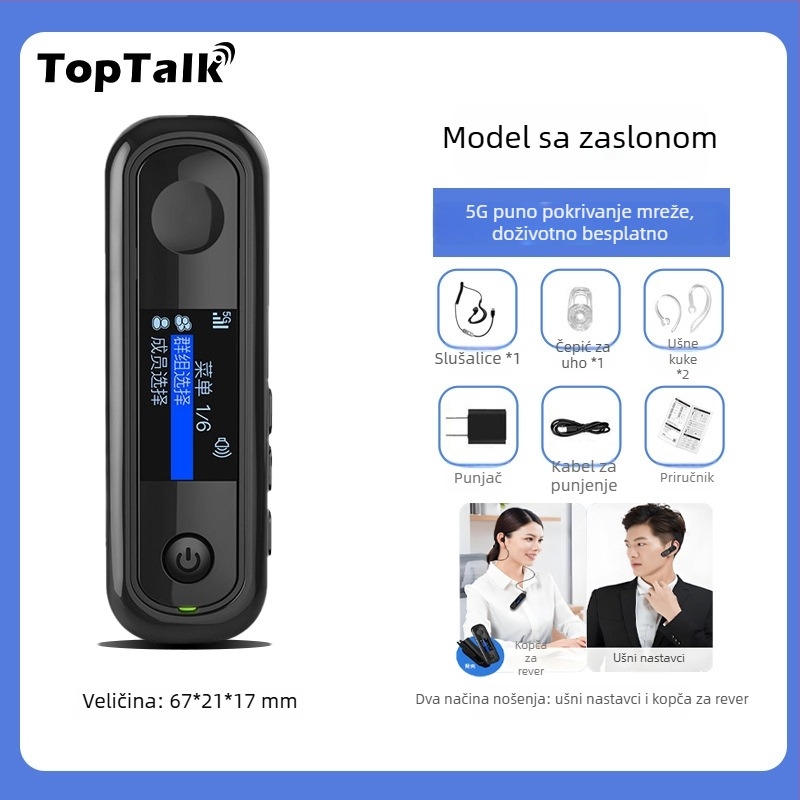 Walkie-Talkie s držačem za uho, 5G/4G/3G/2G, domet >50 km, RF izlaz 0,5–3 W, 50 kanala, Li-ion baterija 1050 mAh