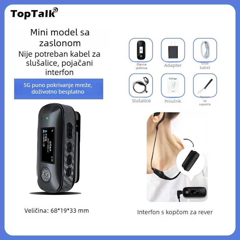 Walkie-Talkie s držačem za uho, 5G/4G/3G/2G, domet >50 km, RF izlaz 0,5–3 W, 50 kanala, Li-ion baterija 1050 mAh