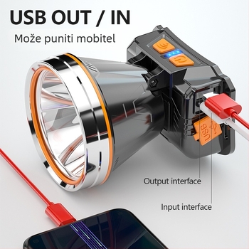 LED čelna lampa, baterija 5000mAh, 20W, domet >500 m, 360° rotacija, uključeno punjač