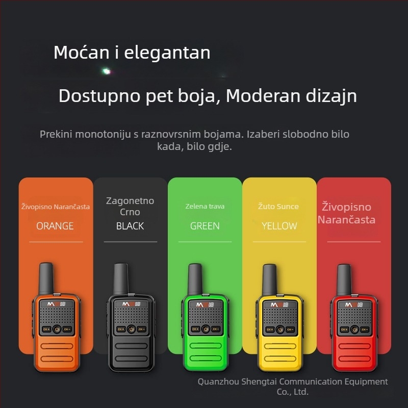 Dječji šareni mini Walkie-Talkie, 400-470 MHz, 5 W, 16 kanala, domet 1,5–3 km, baterija 3600 mAh