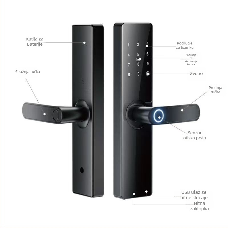 Pametna brava za unutarnja vrata – otisak prsta, lozinka i pristup karticom; Model F-17; pohranjivanje otisaka 100; >100000 otključavanja; vrijeme skeniranja 0.0001 s; DC napajanje