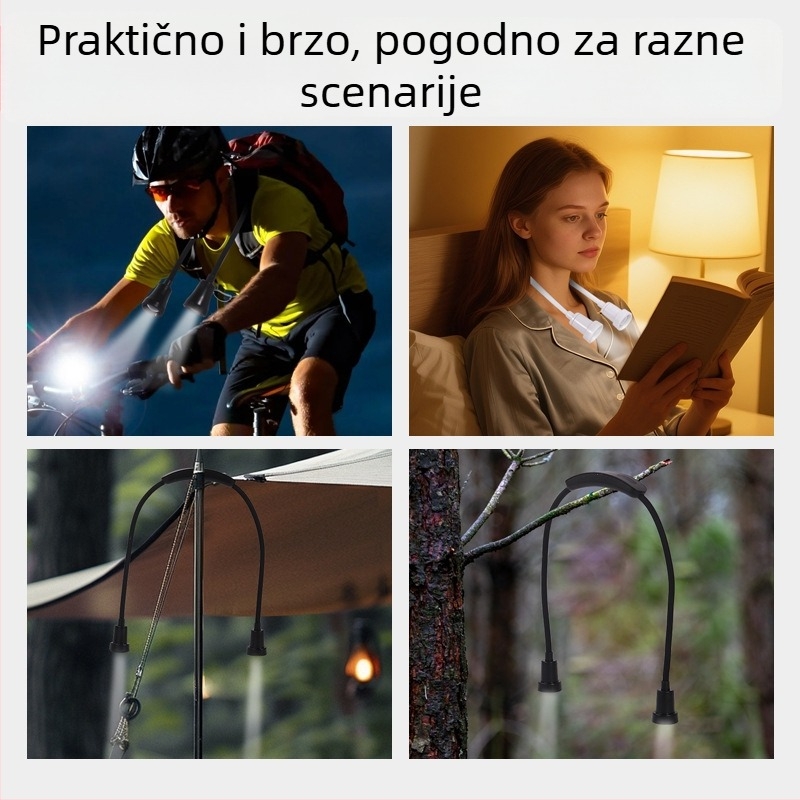 Napajanje za vrat s daljim/bliskim svjetlom, noćnim svjetlom i čitačkim svjetlom; ugrađena litij baterija, EU CE certifikat, plastično sjenilo, gumb prekidač, napon ≤36V.