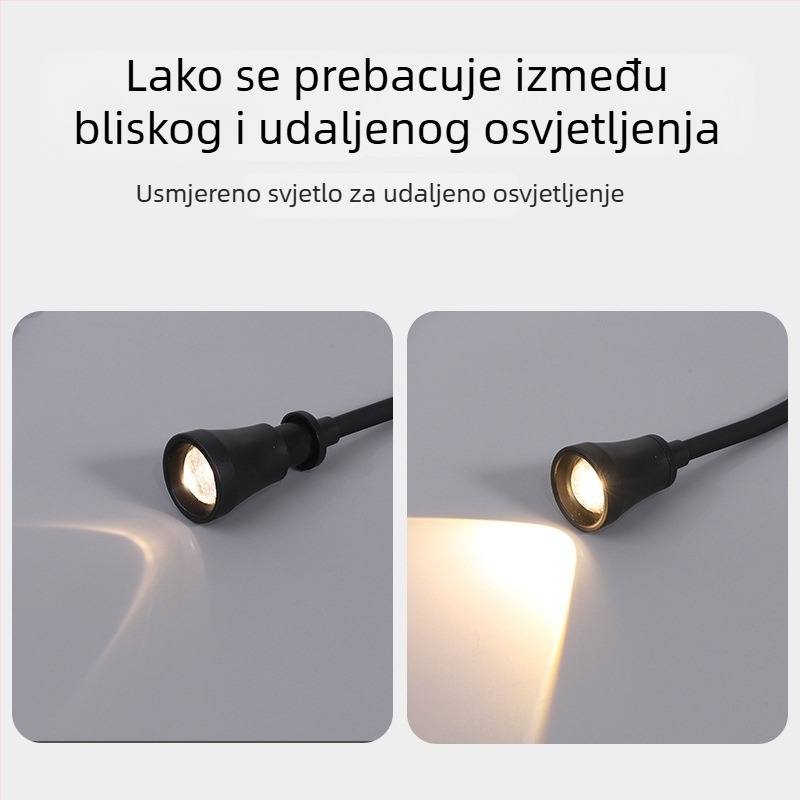 Napajanje za vrat s daljim/bliskim svjetlom, noćnim svjetlom i čitačkim svjetlom; ugrađena litij baterija, EU CE certifikat, plastično sjenilo, gumb prekidač, napon ≤36V.