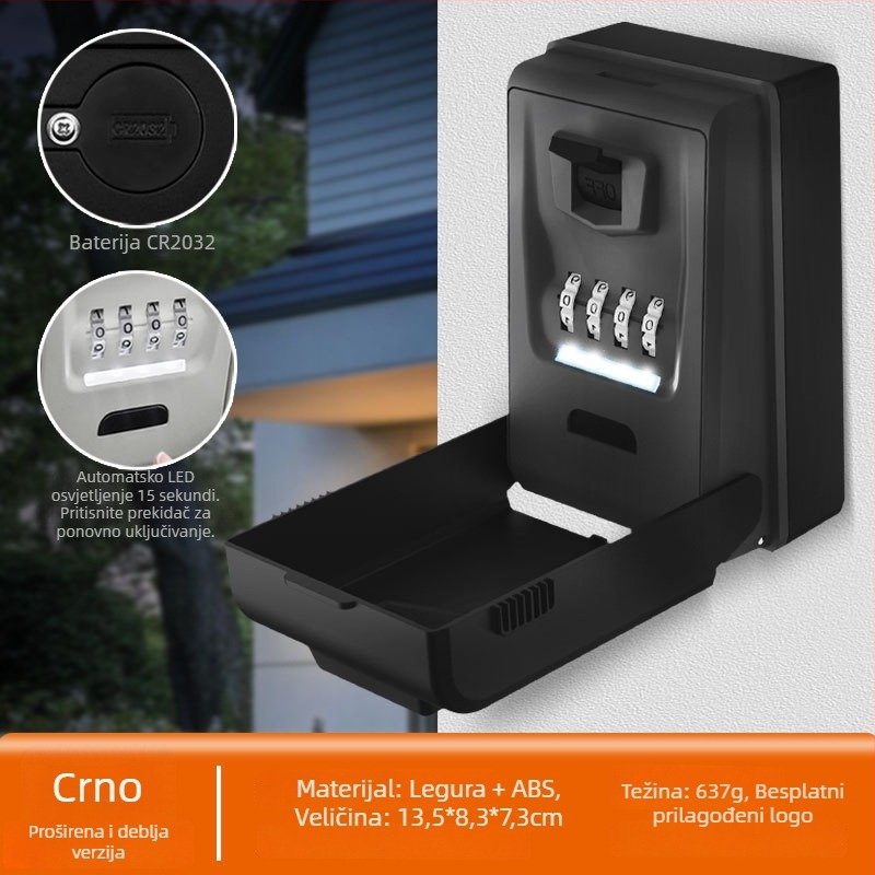 LED osvijetljena kutija za ključeve s lozinkom, zidna, vodootporna, napajana baterijama, za pohranu ključeva, kartica i USB uređaja