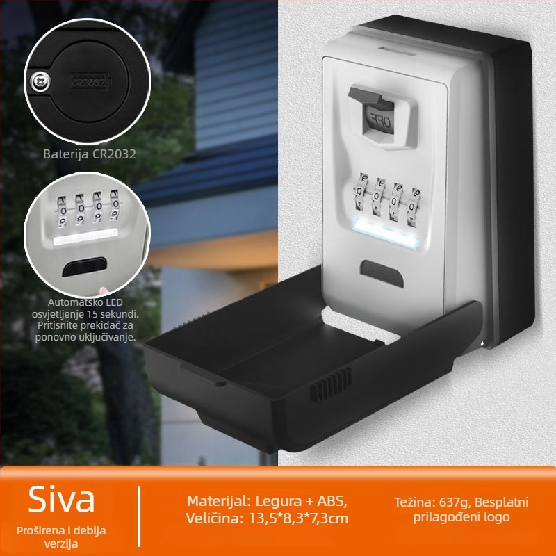 LED osvijetljena kutija za ključeve s lozinkom, zidna, vodootporna, napajana baterijama, za pohranu ključeva, kartica i USB uređaja