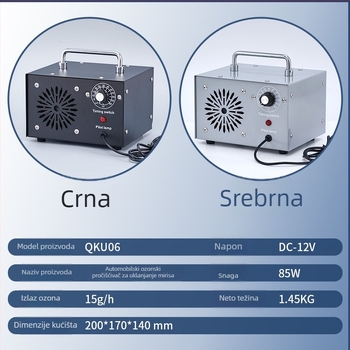 Automobilski ozon generator za dezinfekciju zraka i pročišćavanje, 85W, 12V DC, 15 g/h, model QKU06
