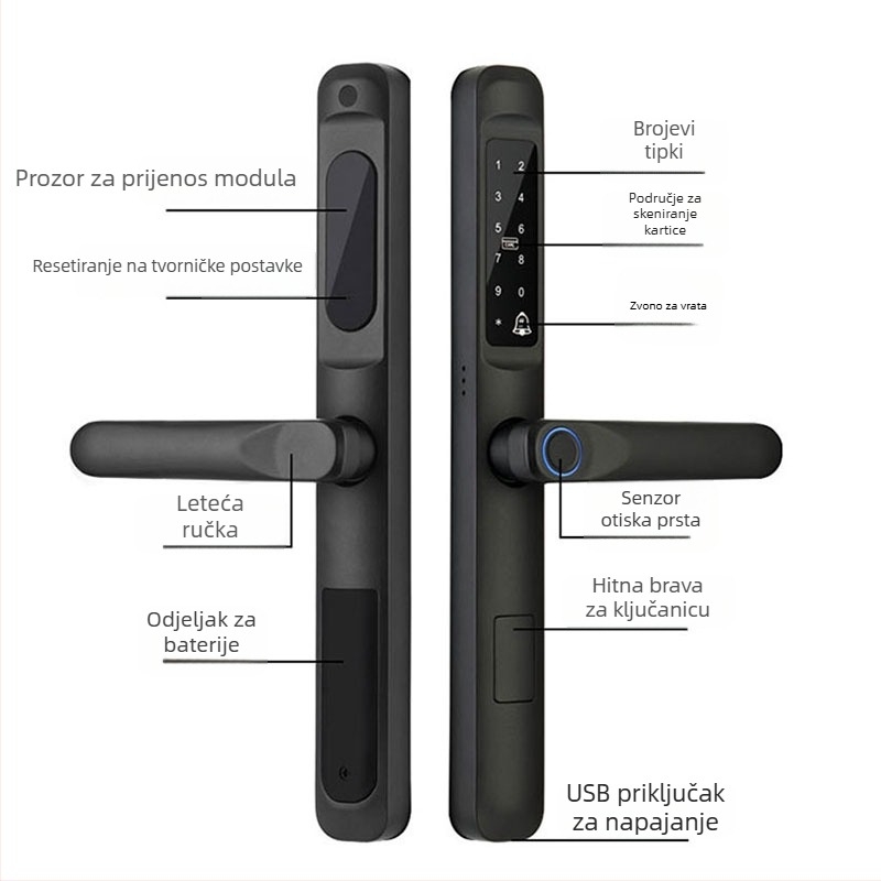 Pametna brava za vrata s otiskom prsta – 100 pohranjenih otisaka, više od 100000 otvaranja, skeniranje <0.001 s, FAR 0.0001%, napajanje DC