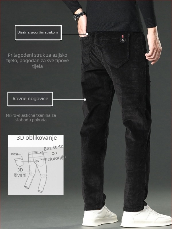 Muške hlače od korduroja, casual stil, uski ravni kroj, fleece podstava, debele zimske hlače, 69% pamuk