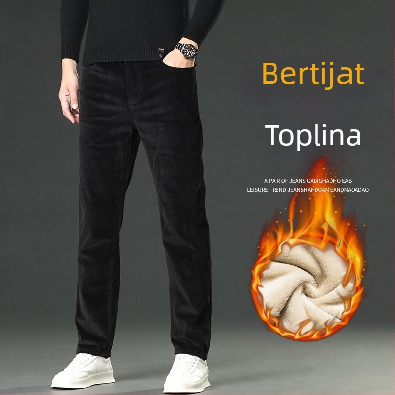 Muške hlače od korduroja, casual stil, uski ravni kroj, fleece podstava, debele zimske hlače, 69% pamuk