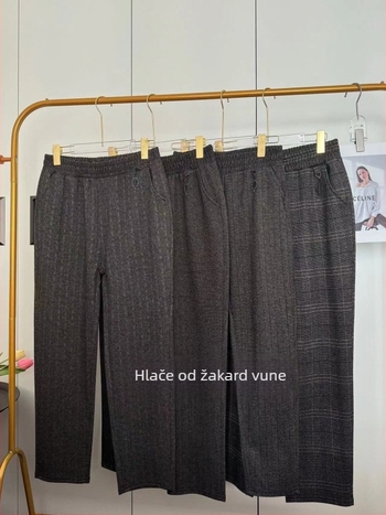 Karirano vuneno hlače za žene srednje dobi, casual uski kroj, duljina do gležnja; tkanina: vuneni žakard sa spandexom 80–90%, poliester 70–80%