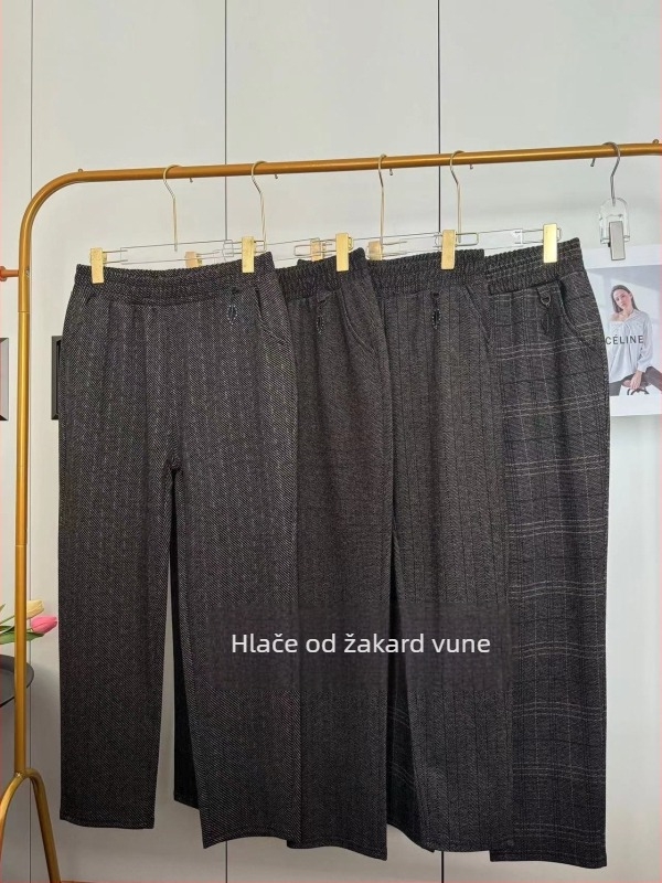 Karirano vuneno hlače za žene srednje dobi, casual uski kroj, duljina do gležnja; tkanina: vuneni žakard sa spandexom 80–90%, poliester 70–80%