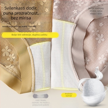 Najlon čipkaste ženske gaćice s produženim preponama, prozračne, antibakterijske, podstava od mulberry svile