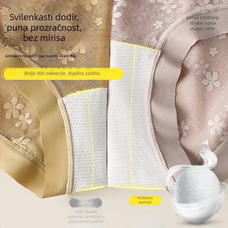 Najlon čipkaste ženske gaćice s produženim preponama, prozračne, antibakterijske, podstava od mulberry svile