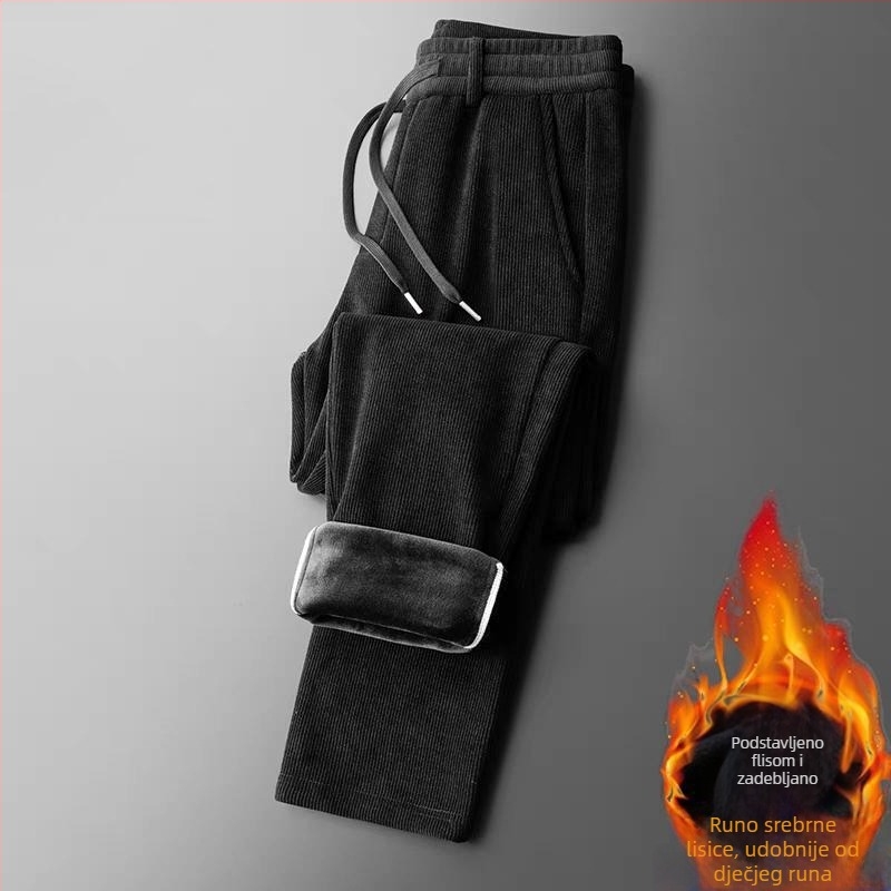 Muške hlače od cordury s fleece unutarnjom, ravni kroj, svakodnevno, s pojasom, srednji struk, mikroelastične, zima
