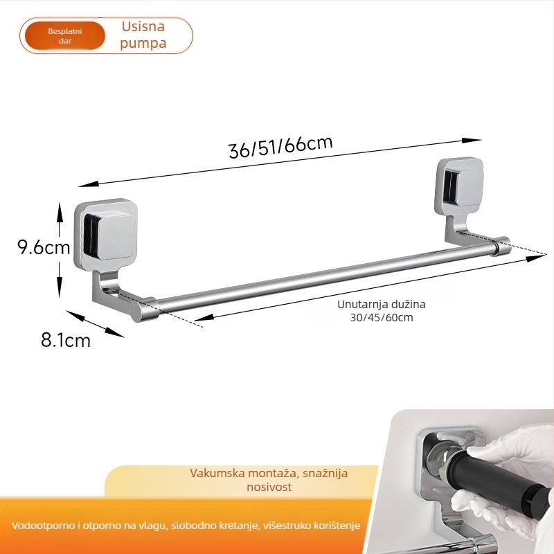 Držač za ručnike s usisnim nosačem – nehrđajući čelik i ABS, bez rupa, jednopolna kupaonska polica
