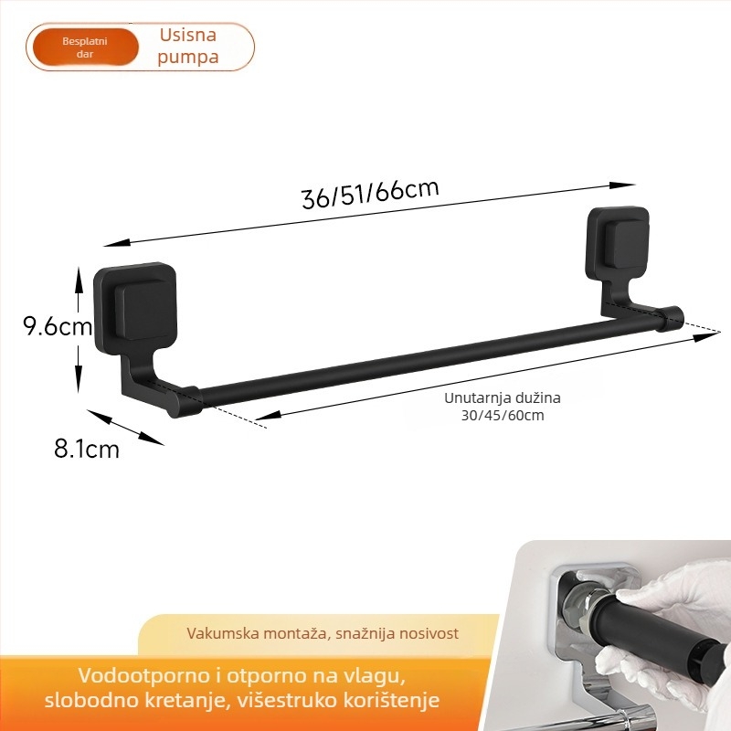 Držač za ručnike s usisnim nosačem – nehrđajući čelik i ABS, bez rupa, jednopolna kupaonska polica