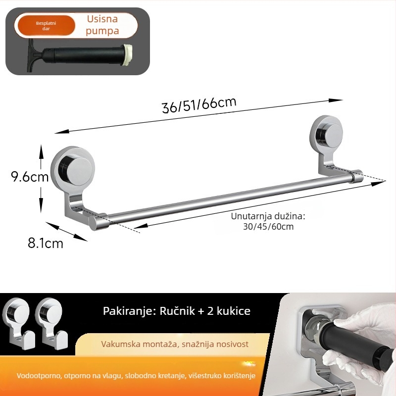 Držač za ručnike s usisnim nosačem – nehrđajući čelik i ABS, bez rupa, jednopolna kupaonska polica