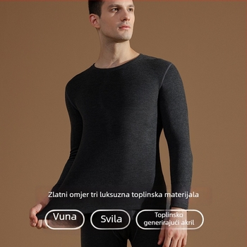 Muški termalni set od vune i svile, s fleece unutrašnjosti, izuzetno debeli viskozni materijal, dvostruki sloj, dugi rukavi i hlače, okrugli izrez, sadrži 50–70% viskoze