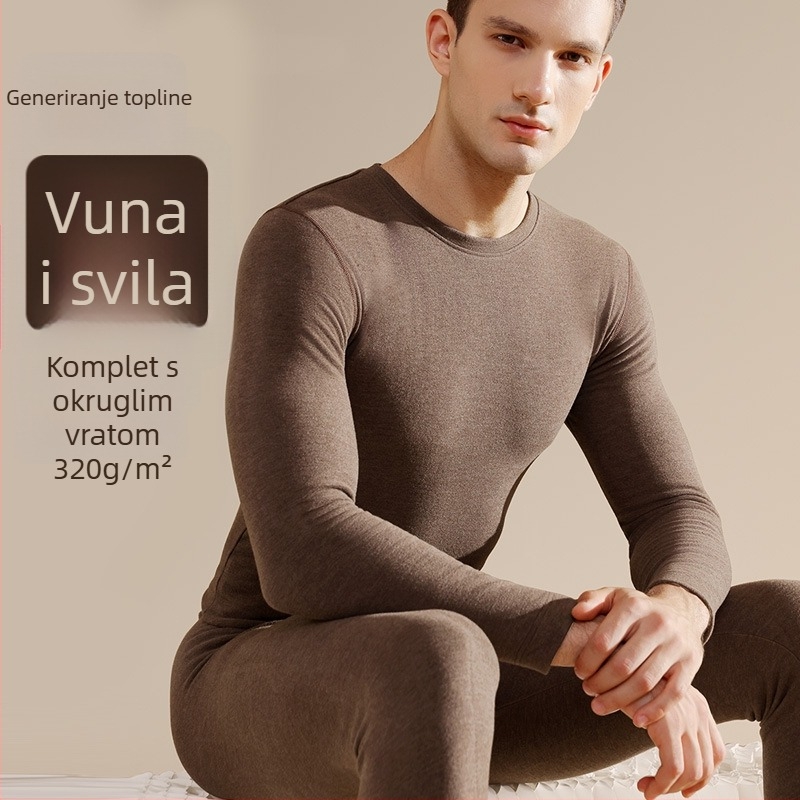 Muški termalni set od vune i svile, s fleece unutrašnjosti, izuzetno debeli viskozni materijal, dvostruki sloj, dugi rukavi i hlače, okrugli izrez, sadrži 50–70% viskoze