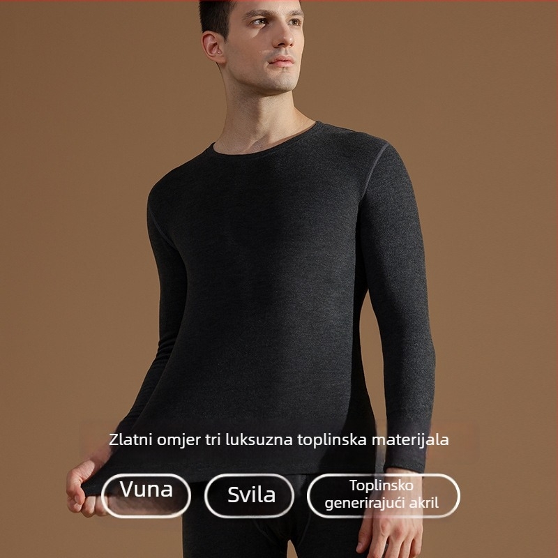 Muški termalni set od vune i svile, s fleece unutrašnjosti, izuzetno debeli viskozni materijal, dvostruki sloj, dugi rukavi i hlače, okrugli izrez, sadrži 50–70% viskoze