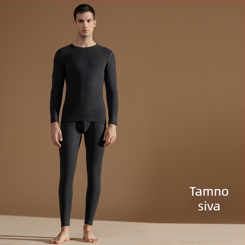 Muški termalni set od vune i svile, s fleece unutrašnjosti, izuzetno debeli viskozni materijal, dvostruki sloj, dugi rukavi i hlače, okrugli izrez, sadrži 50–70% viskoze