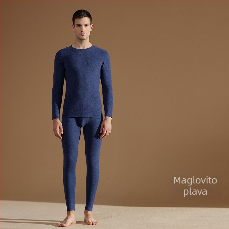 Muški termalni set od vune i svile, s fleece unutrašnjosti, izuzetno debeli viskozni materijal, dvostruki sloj, dugi rukavi i hlače, okrugli izrez, sadrži 50–70% viskoze
