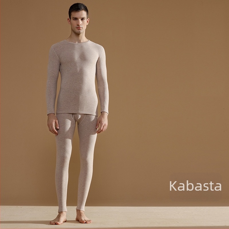 Muški termalni set od vune i svile, s fleece unutrašnjosti, izuzetno debeli viskozni materijal, dvostruki sloj, dugi rukavi i hlače, okrugli izrez, sadrži 50–70% viskoze