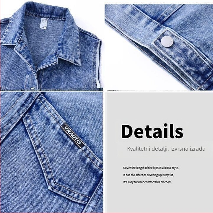 Ženski džins prsluk, V-izrez, ultra kratka duljina, A-linijski kroj, zatvaranje na jedno dugme