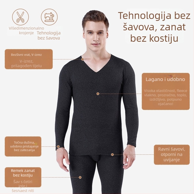 Muški bezšiveni termalni set donjeg rublja s flis podstavom – slim-fit gornji dio s V izrezom i hlače sa srednjim strukom, poliester i elastan
