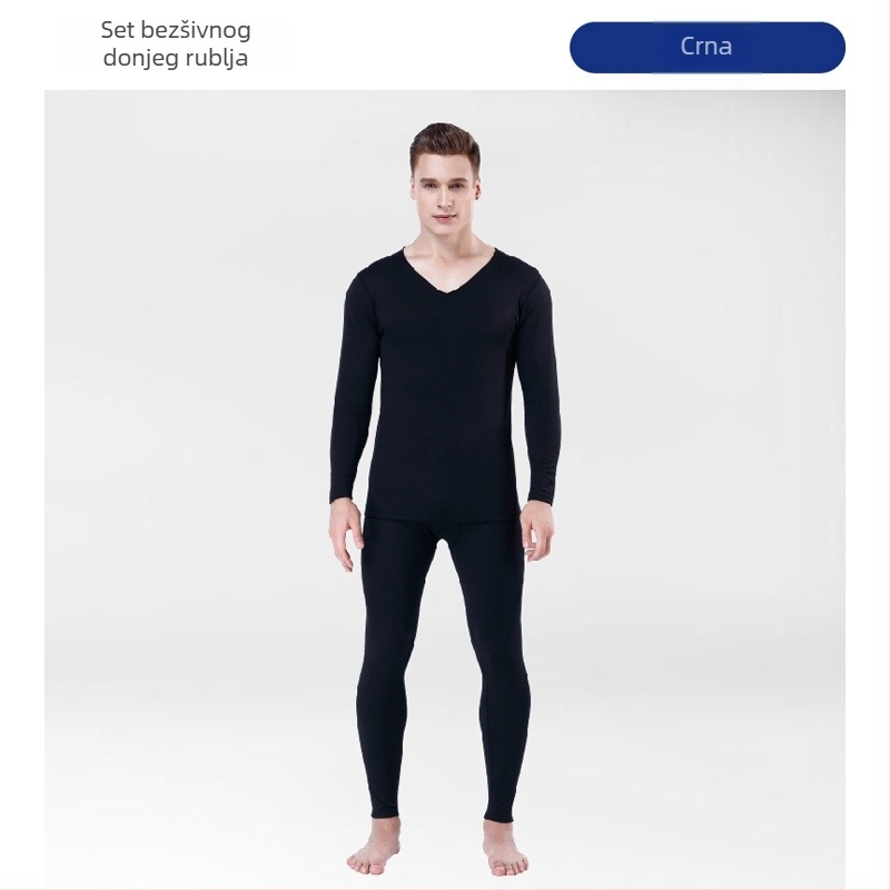 Muški bezšiveni termalni set donjeg rublja s flis podstavom – slim-fit gornji dio s V izrezom i hlače sa srednjim strukom, poliester i elastan