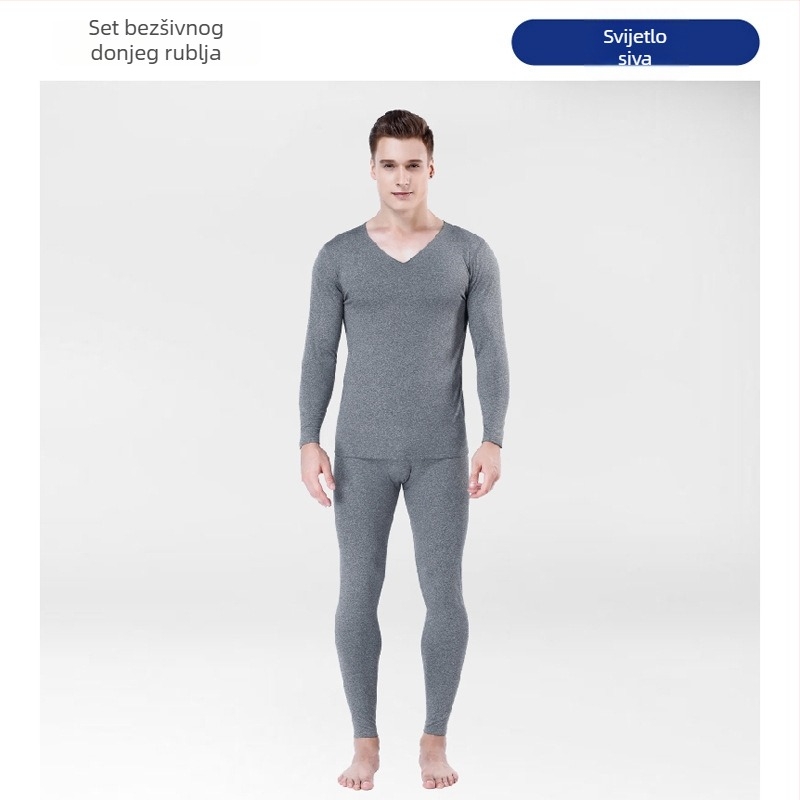 Muški bezšiveni termalni set donjeg rublja s flis podstavom – slim-fit gornji dio s V izrezom i hlače sa srednjim strukom, poliester i elastan