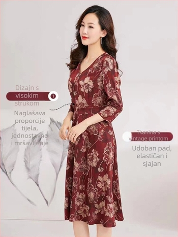 Haljina s A-linijom, midi duljine, 3/4 rukava, polo ovratnik, visok struk, elegantan retro stil za vjenčanja