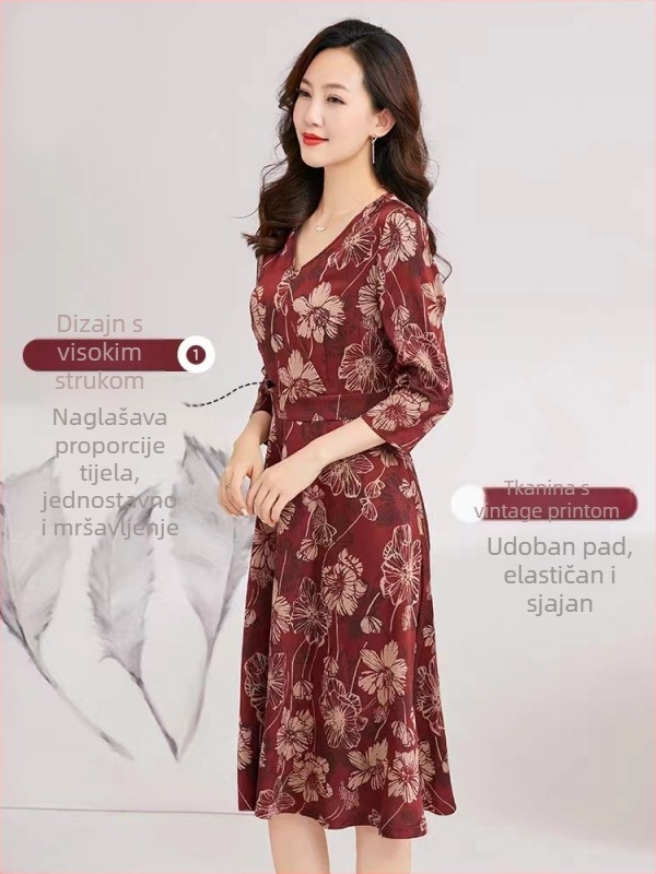 Haljina s A-linijom, midi duljine, 3/4 rukava, polo ovratnik, visok struk, elegantan retro stil za vjenčanja