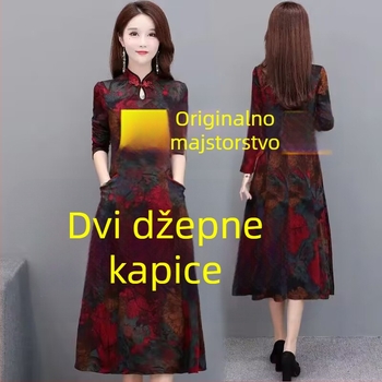Midi haljina kineskog stila s otiskom, stojeći ovratnik i dugi rukavi