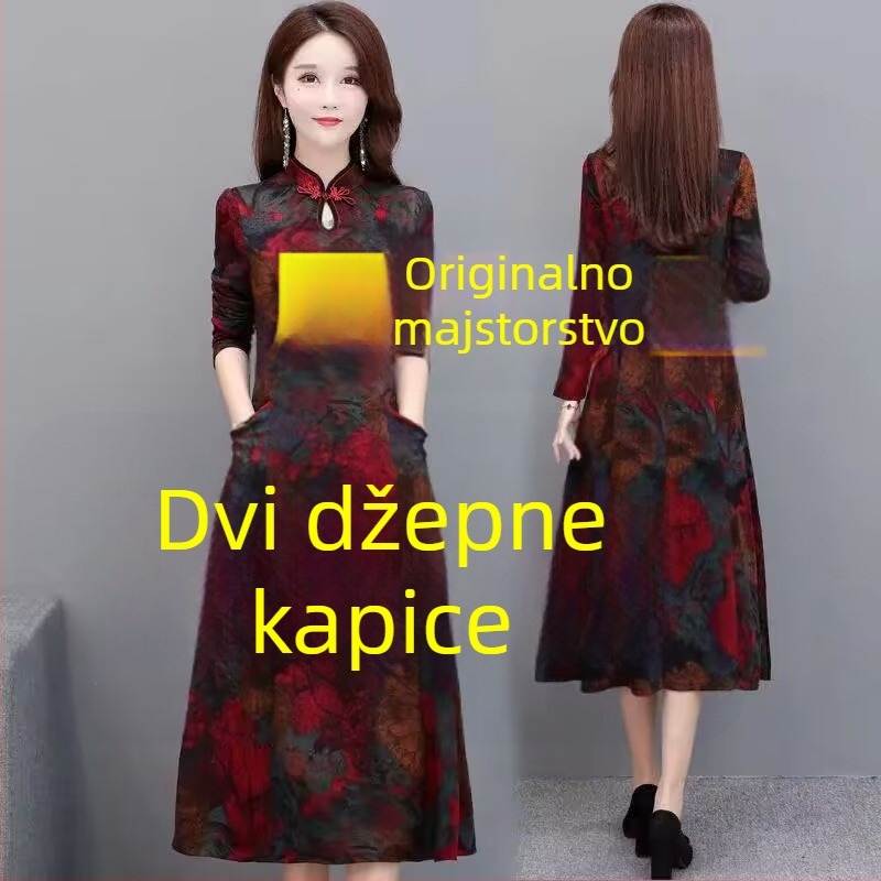 Midi haljina kineskog stila s otiskom, stojeći ovratnik i dugi rukavi